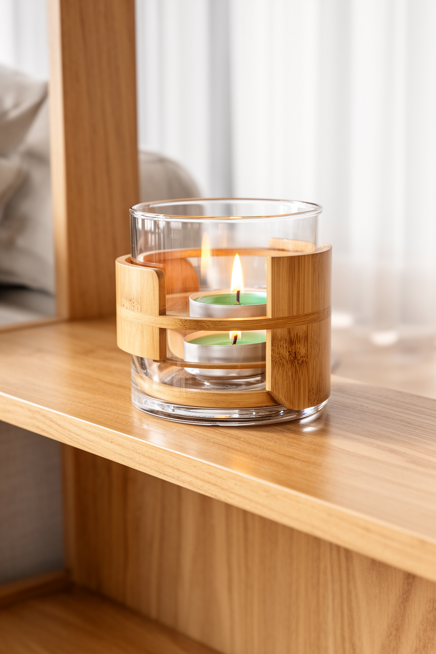 Glas- und Bambus-Kerzenhalter mit Teelichtern im Wohnzimmer