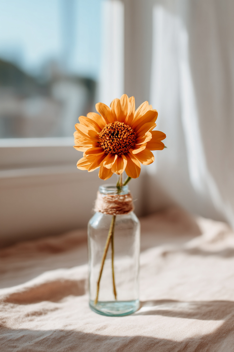Kleine Glasflasche mit Sonnenblume als Tischdeko