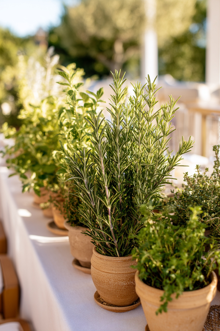 Kleine Kräutertöpfe als Tischdeko auf Gartentisch