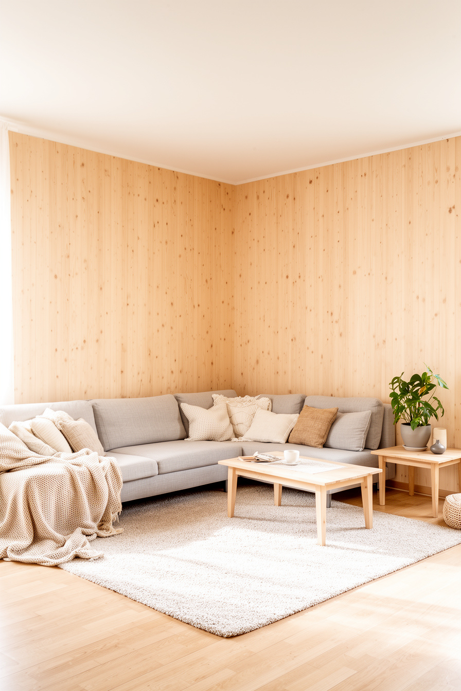 L-förmiges Wohnzimmer mit hellen Holzpaneelen im Skandi Landhaus Stil