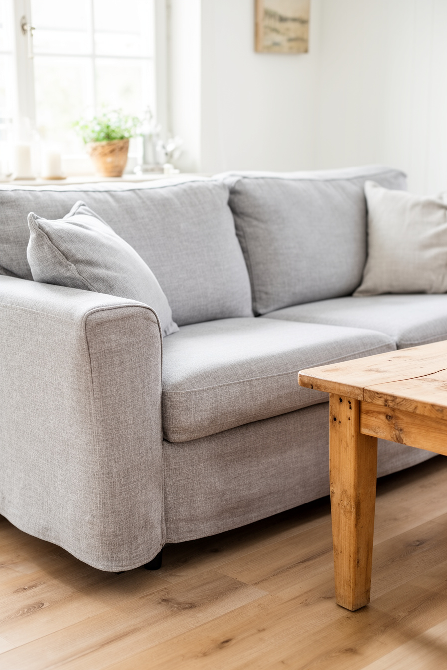 Helles Landhaus Wohnzimmer mit grauem Sofa und Holztisch