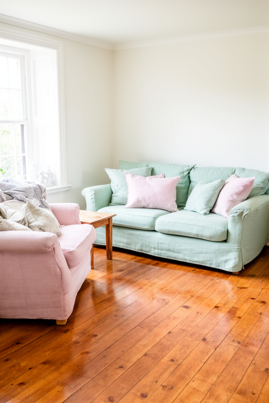 Landhaus Wohnzimmer mit pastell Sofas und Holzboden