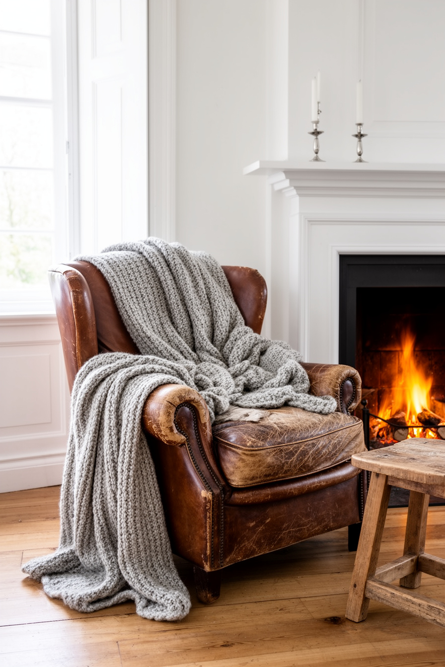 Vintage Landhaus Wohnzimmer Ecke mit Lederstuhl, Kamin und Wollplaids