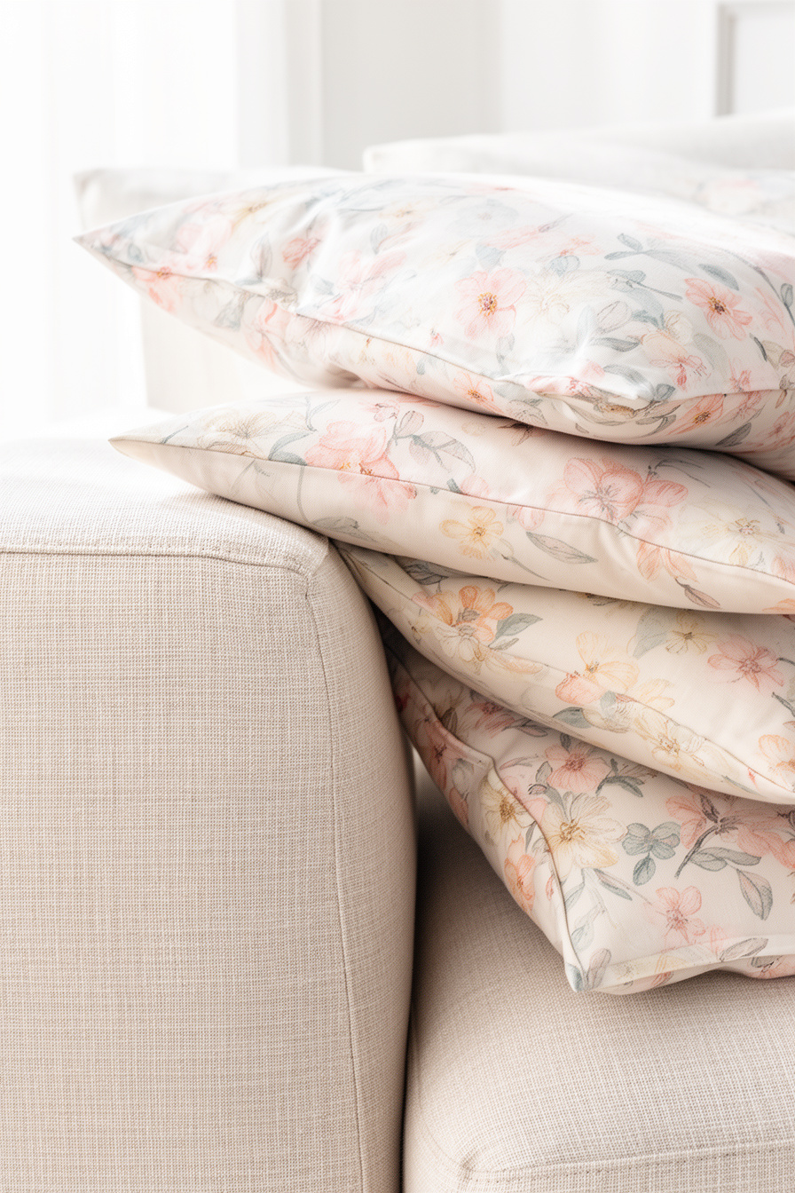 Pastellkissen mit Blumenmuster auf hellem Sofa