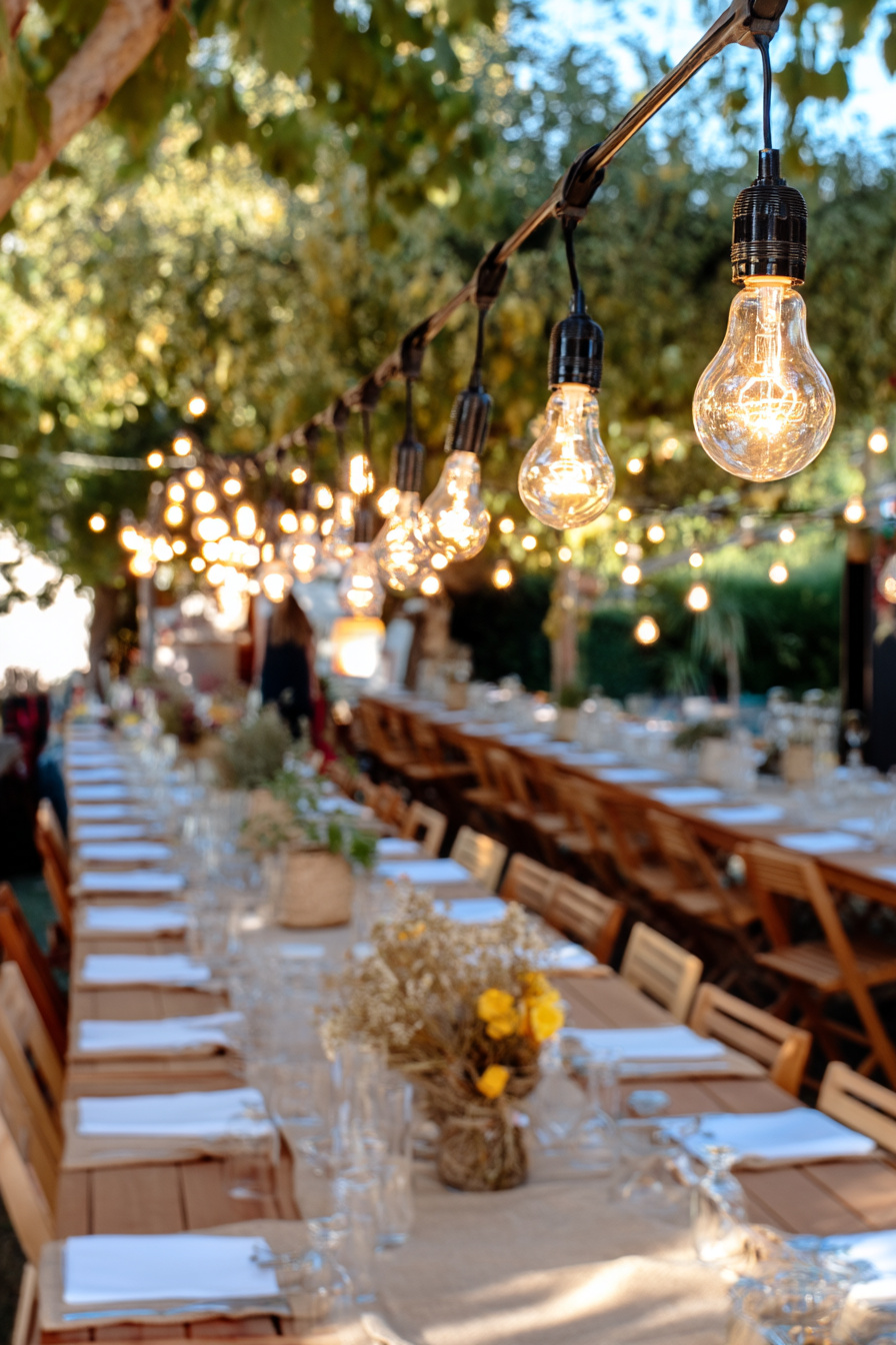 Lichterkette in Tischmitte bei Sommer-Gartenparty