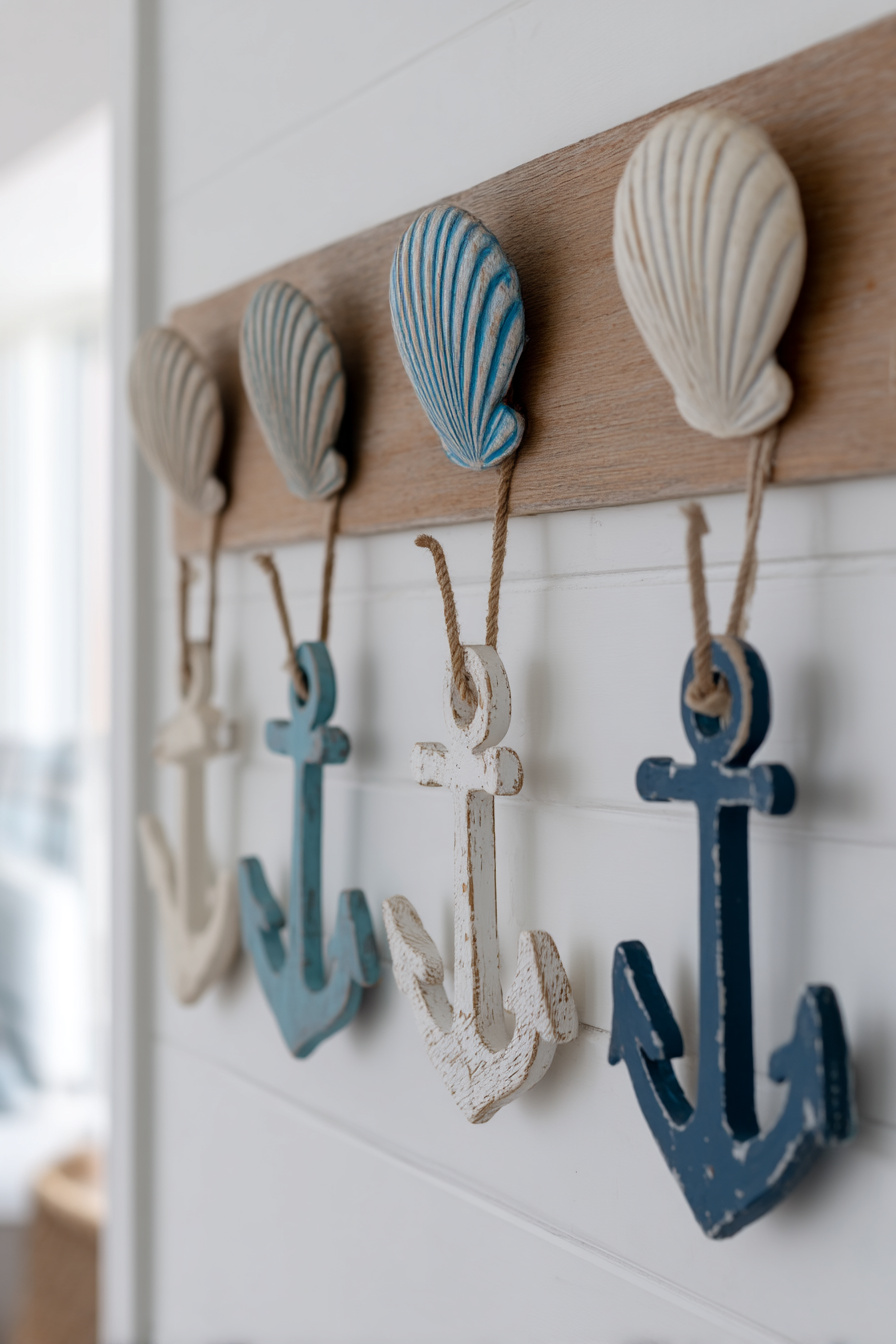 Maritime Holz-Wandhaken in Blau und Weiß