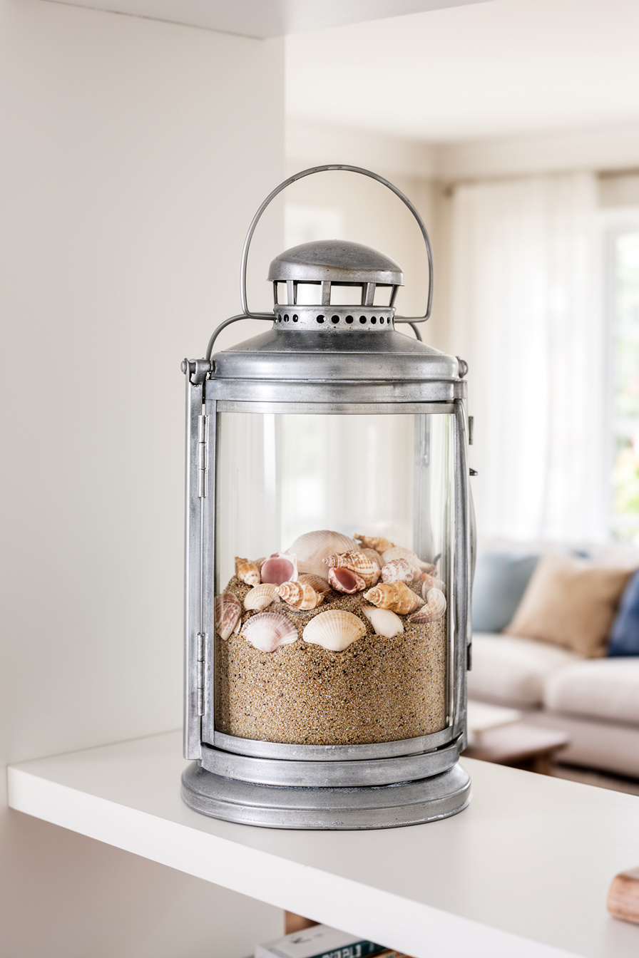 maritime Laterne mit Sand und Muscheln im Wohnzimmer