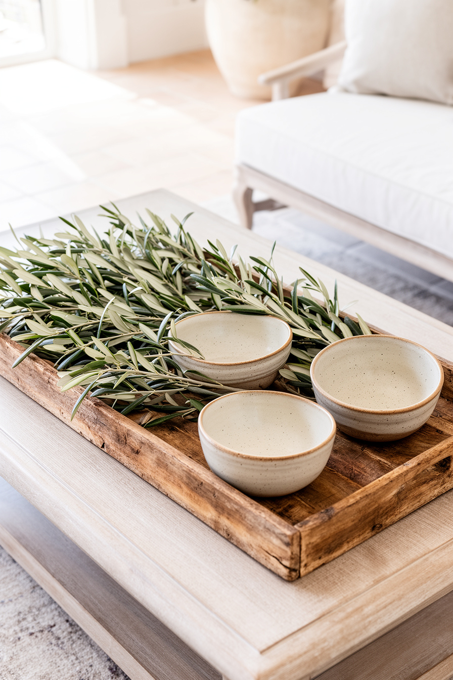 Mediterraner Tisch mit Olivenzweigen und Keramikschalen
