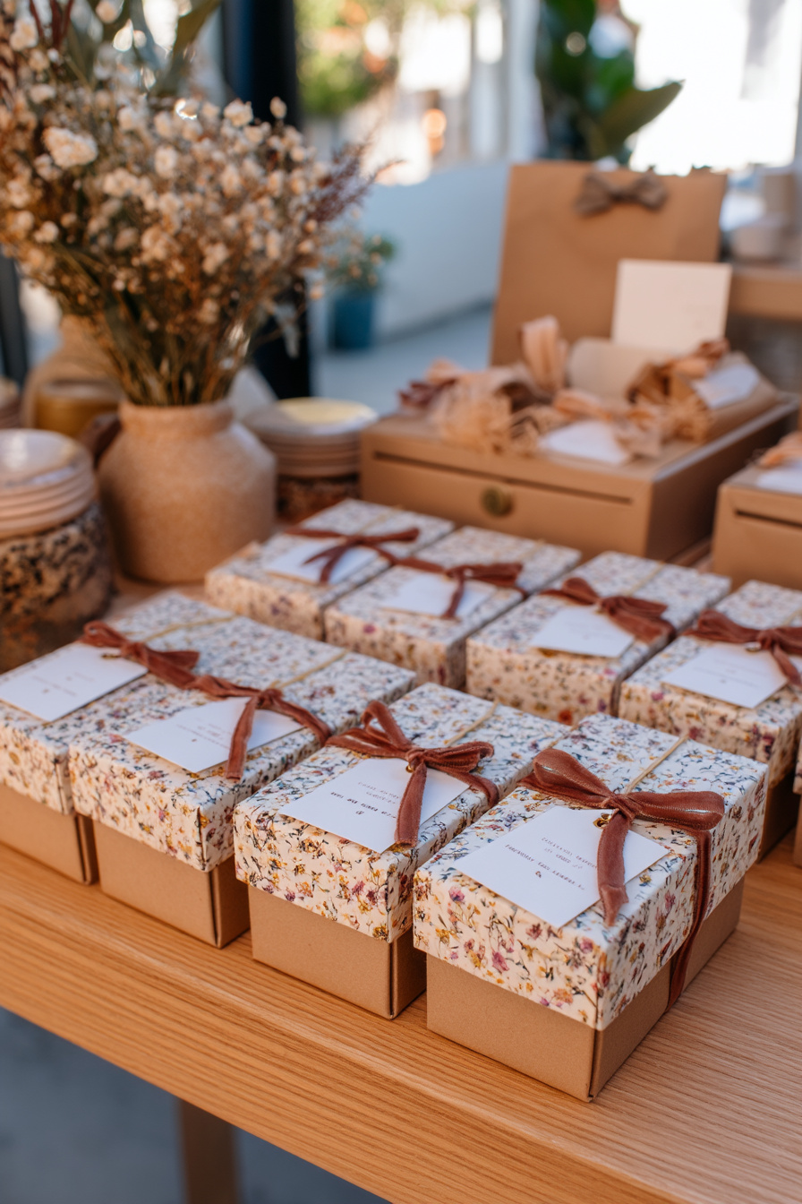 Mini-Geschenkboxen mit Blumenpapier als Platzkarten