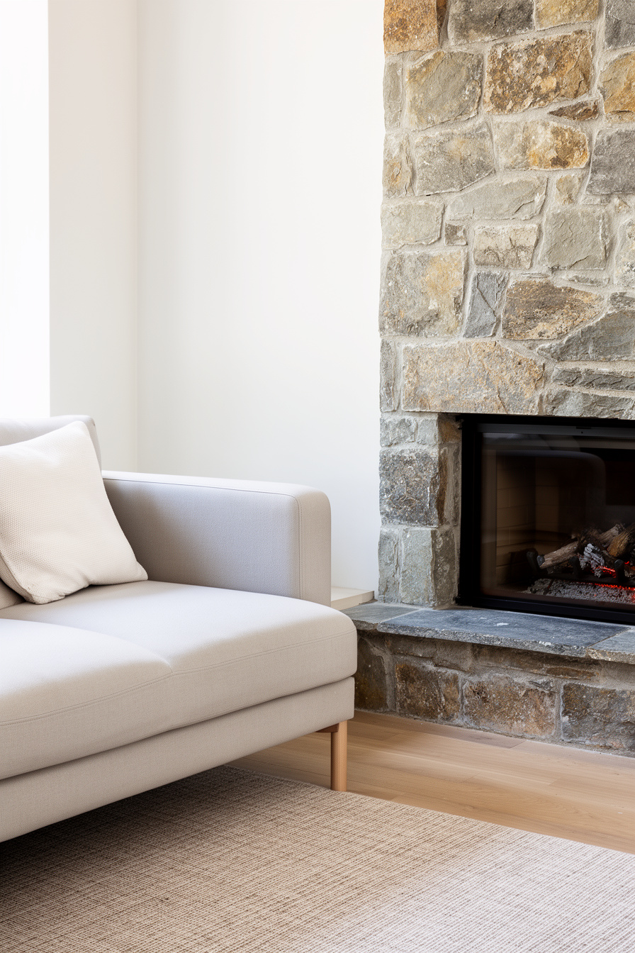 Moderne Sofaecke am offenen Kamin im Landhausstil