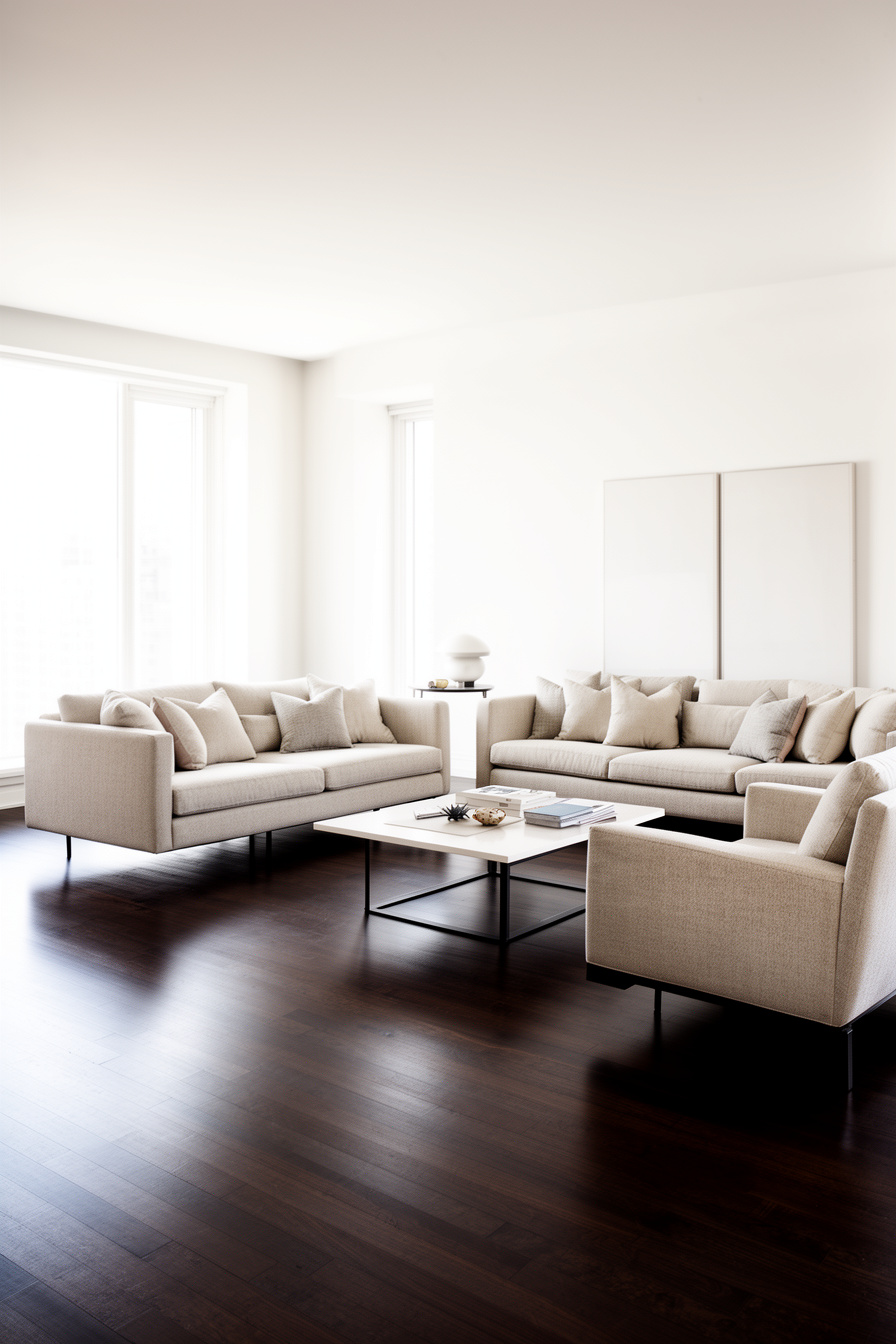 Modernes Landhaus Wohnzimmer mit dunklem Holzboden