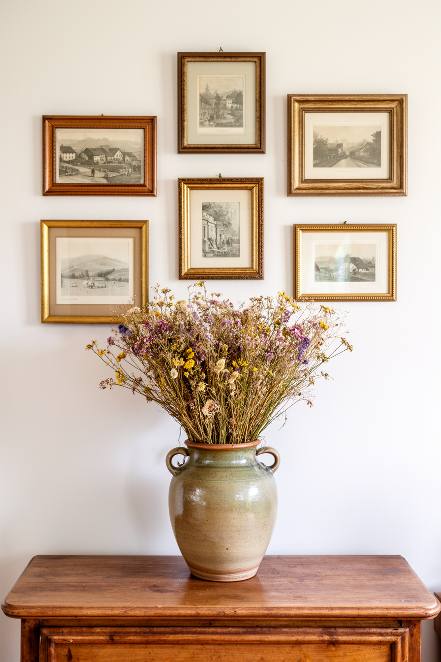 Vintage Wand mit Bilderrahmen und Trockenblumen-Vase