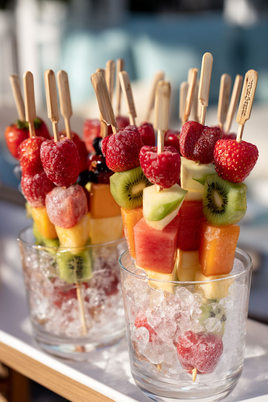 Obstspieße in Eisgläsern als Tischdeko Sommerparty