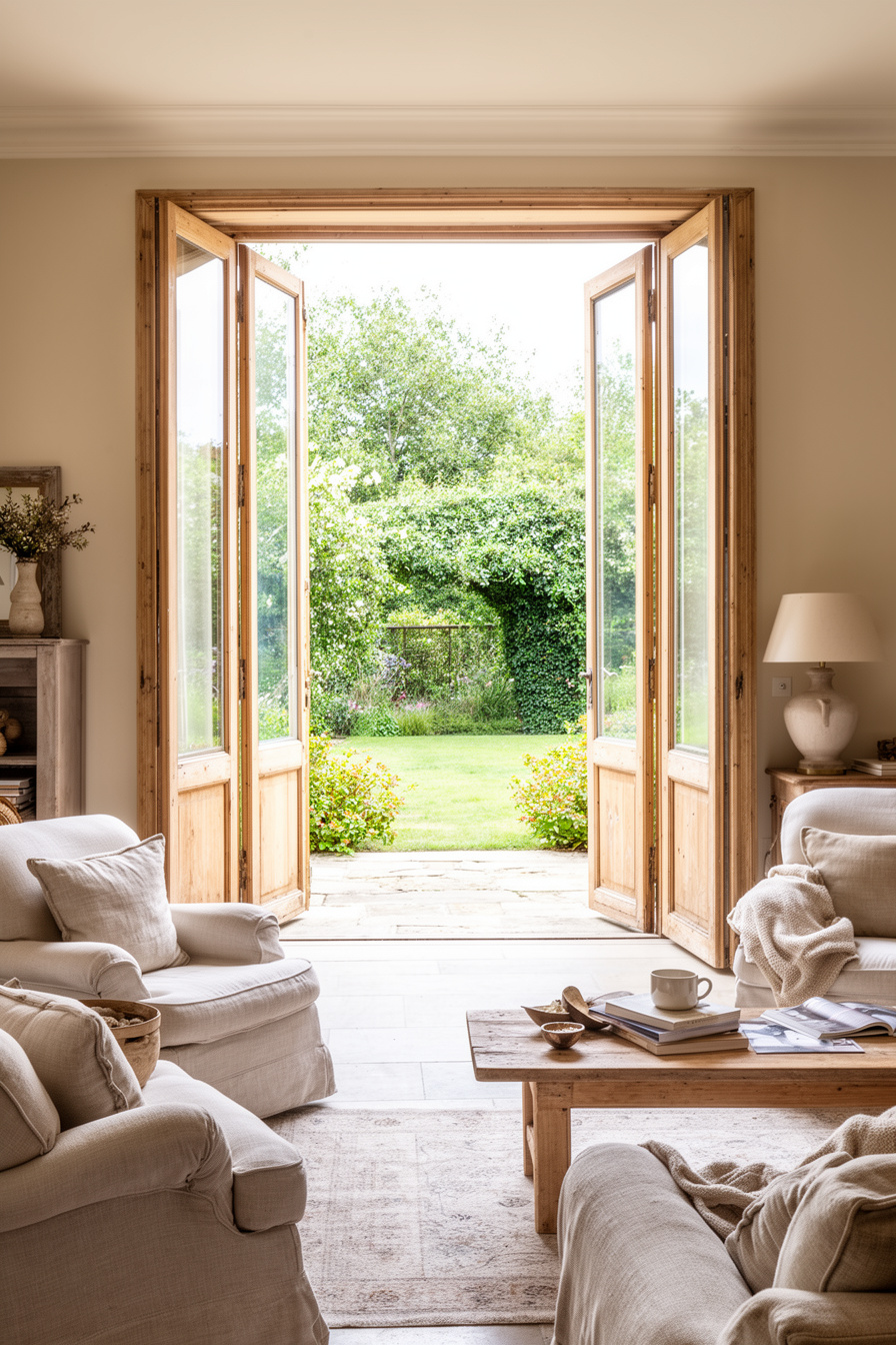 Französisches Landhaus Wohnzimmer mit großen Garten-Türen