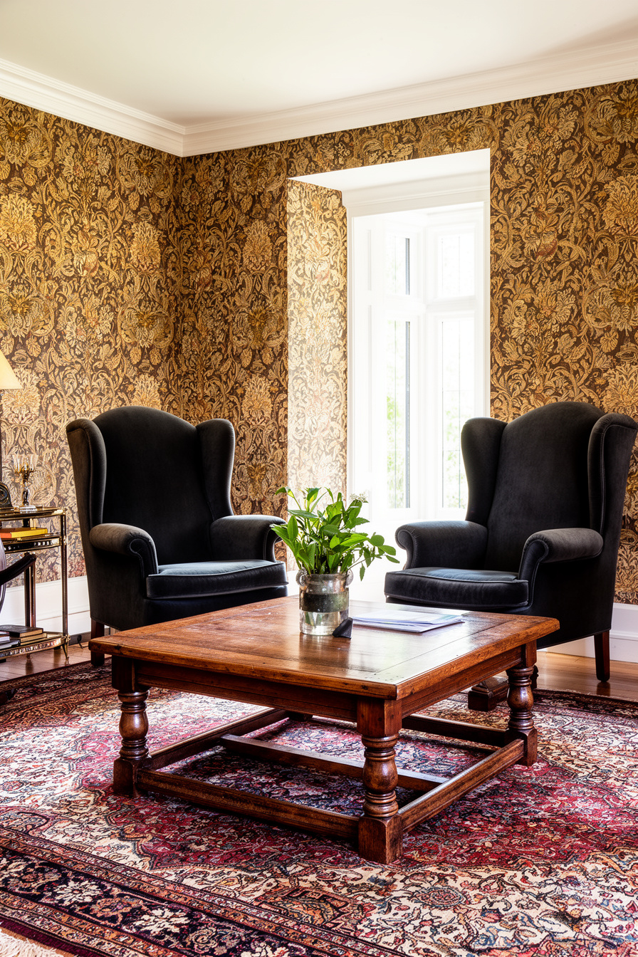 Englisches Landhaus Wohnzimmer mit edler Tapete und Wingback-Sesseln