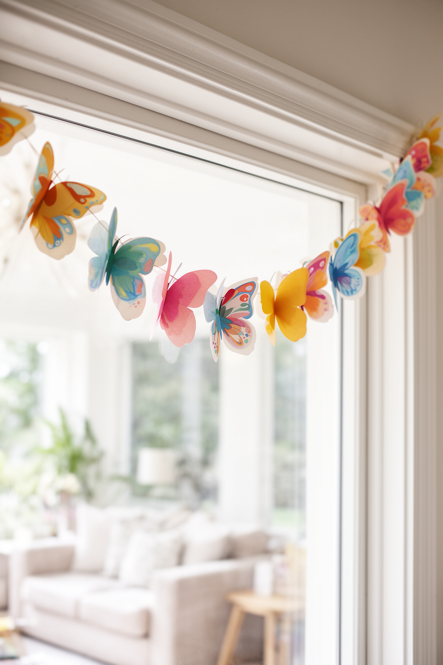 Papier-Girlande mit bunten Schmetterlingen am Wohnzimmerfenster
