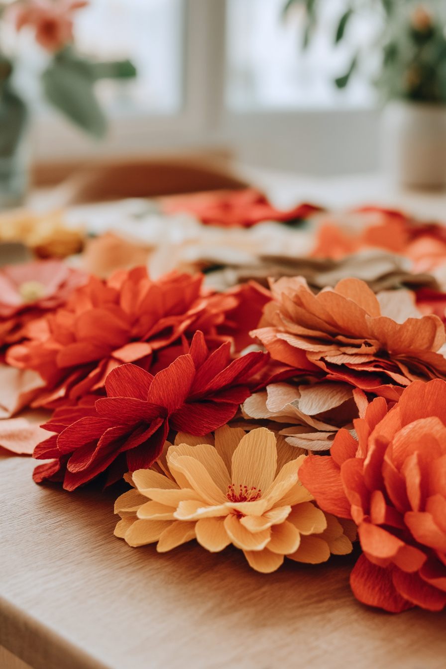 Papierblumen in Sommerfarben als Tischdeko