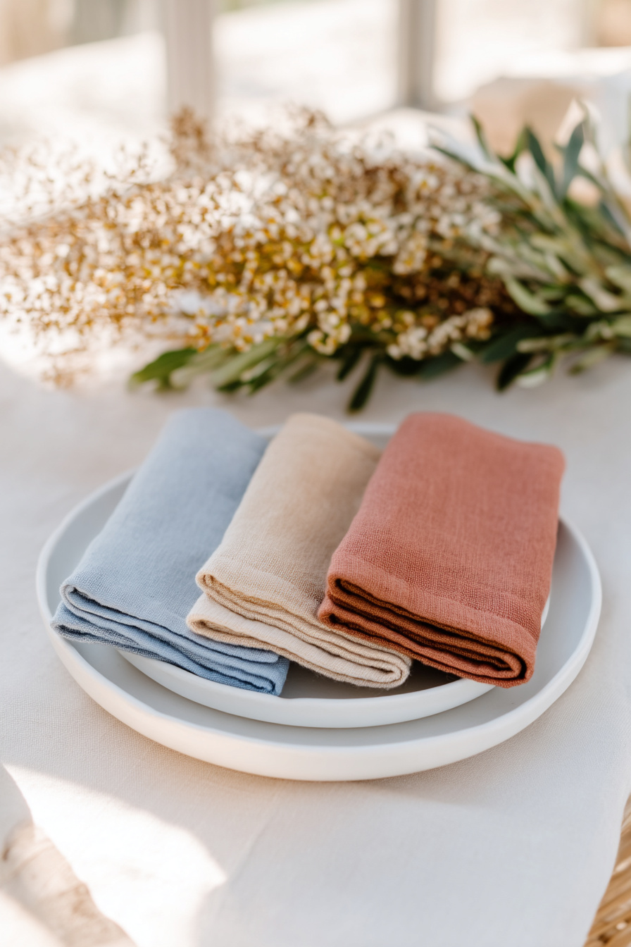 Pastellfarbene Servietten neben weißem Geschirr auf Hochzeitstisch