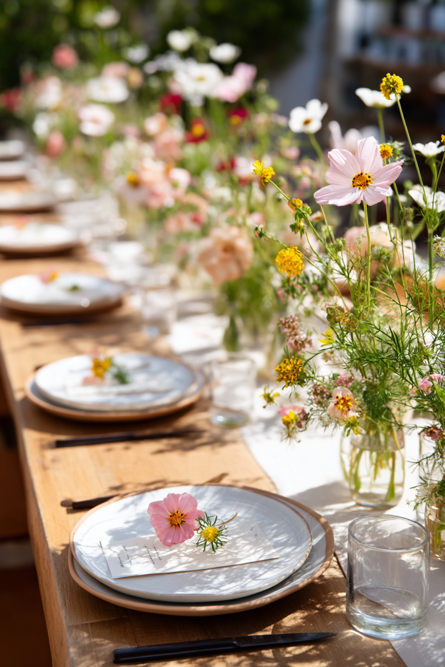 Personalisierte Platzkarten mit Blüten auf Gartentisch