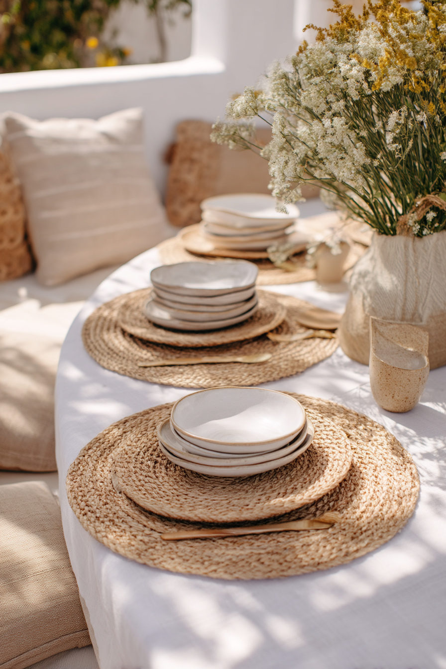 Jute Platzsets unter Geschirr auf Gartentisch