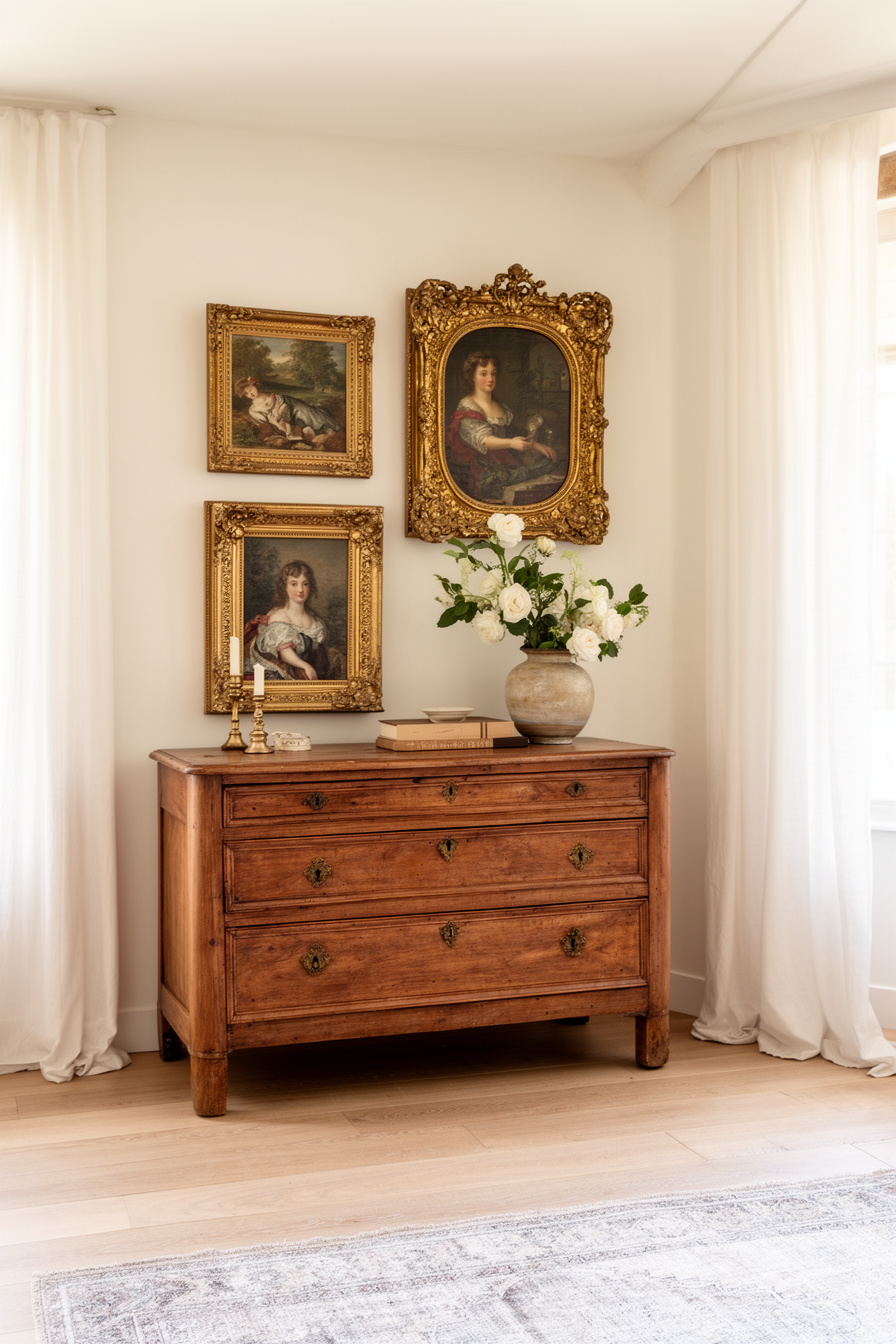 Wohnzimmer mit Vintage-Kommode und barocken Gemälden