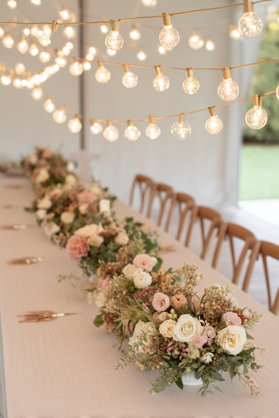 Lichterketten zwischen Blumen auf Hochzeitstisch