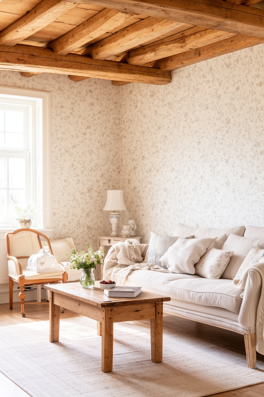 Wohnzimmer mit Cottage-Tapete und Naturholzmöbeln
