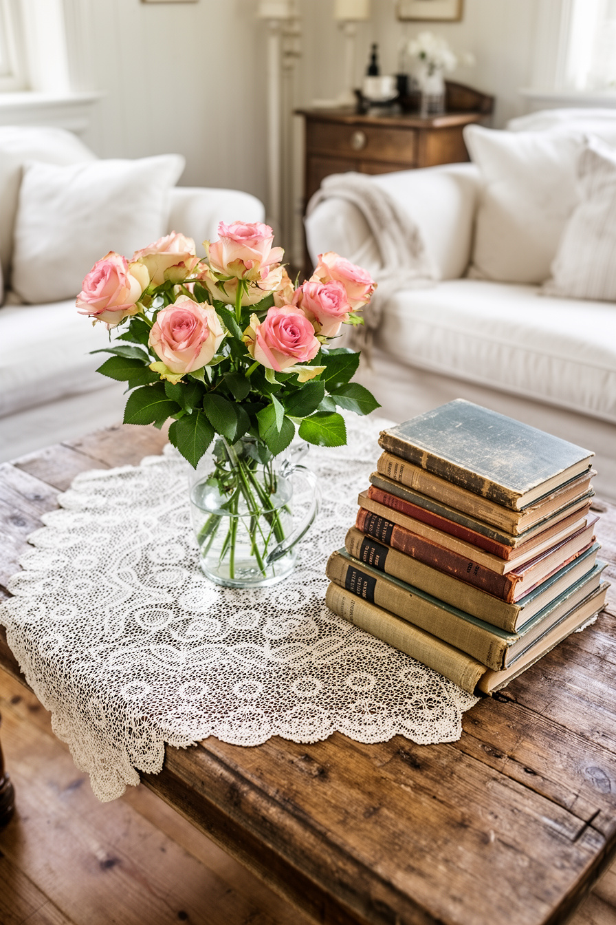 Rosen, Spitzen-Tischdecke und alte Bücher auf Couchtisch