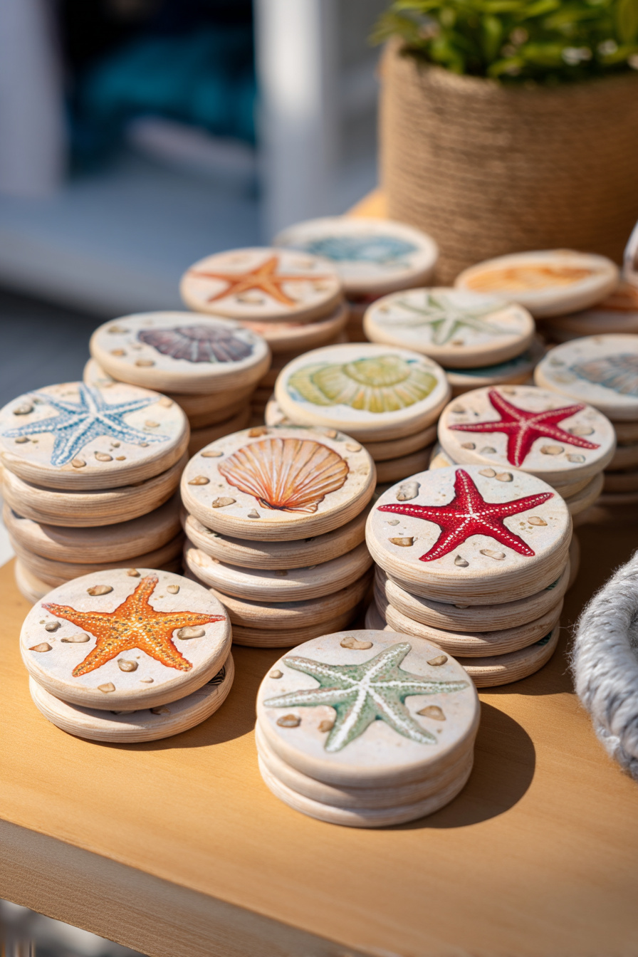 Bunte Holzuntersetzer mit Sommermotiven bemalt
