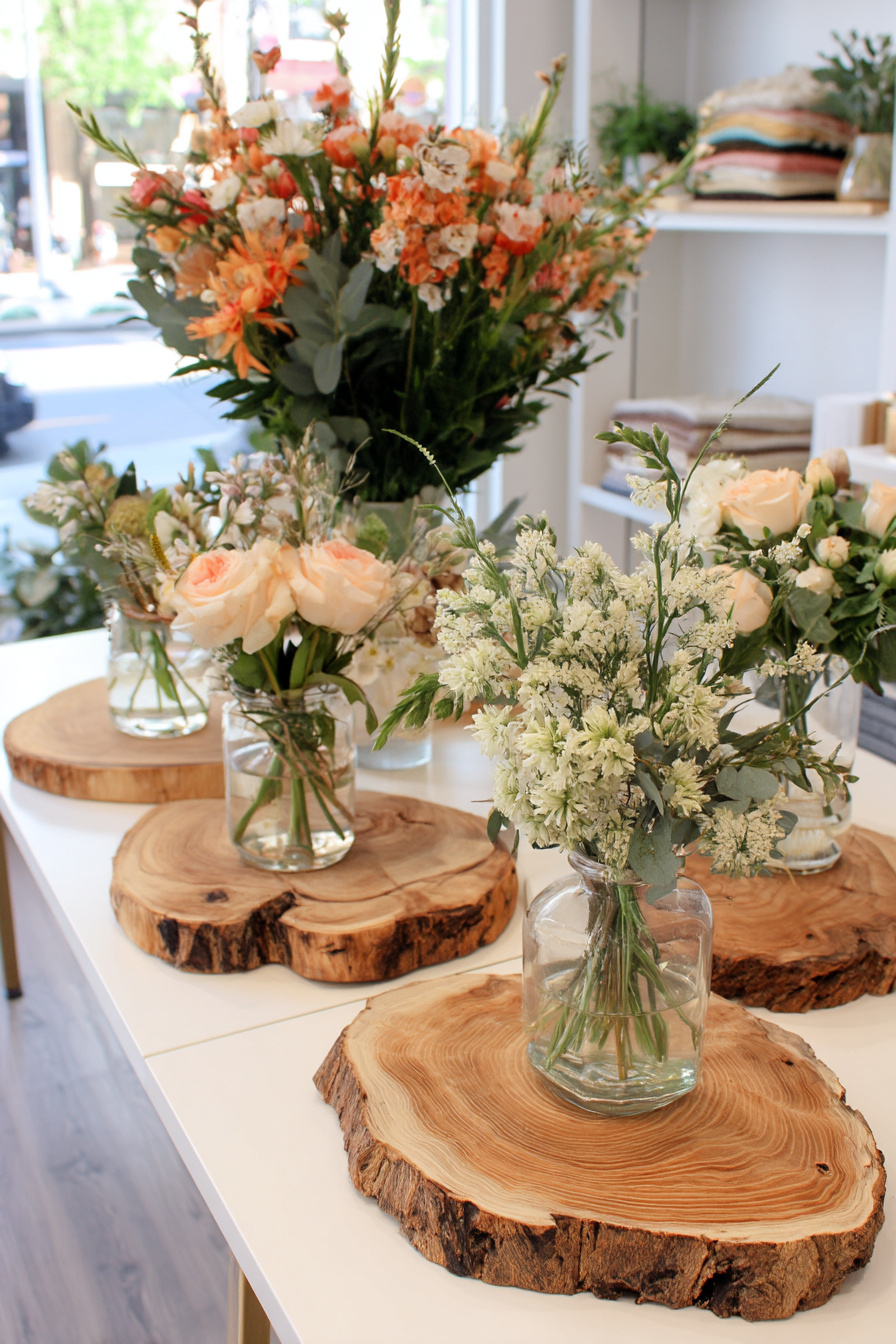 Holzscheiben als Vasenunterlage für Sommerhochzeit