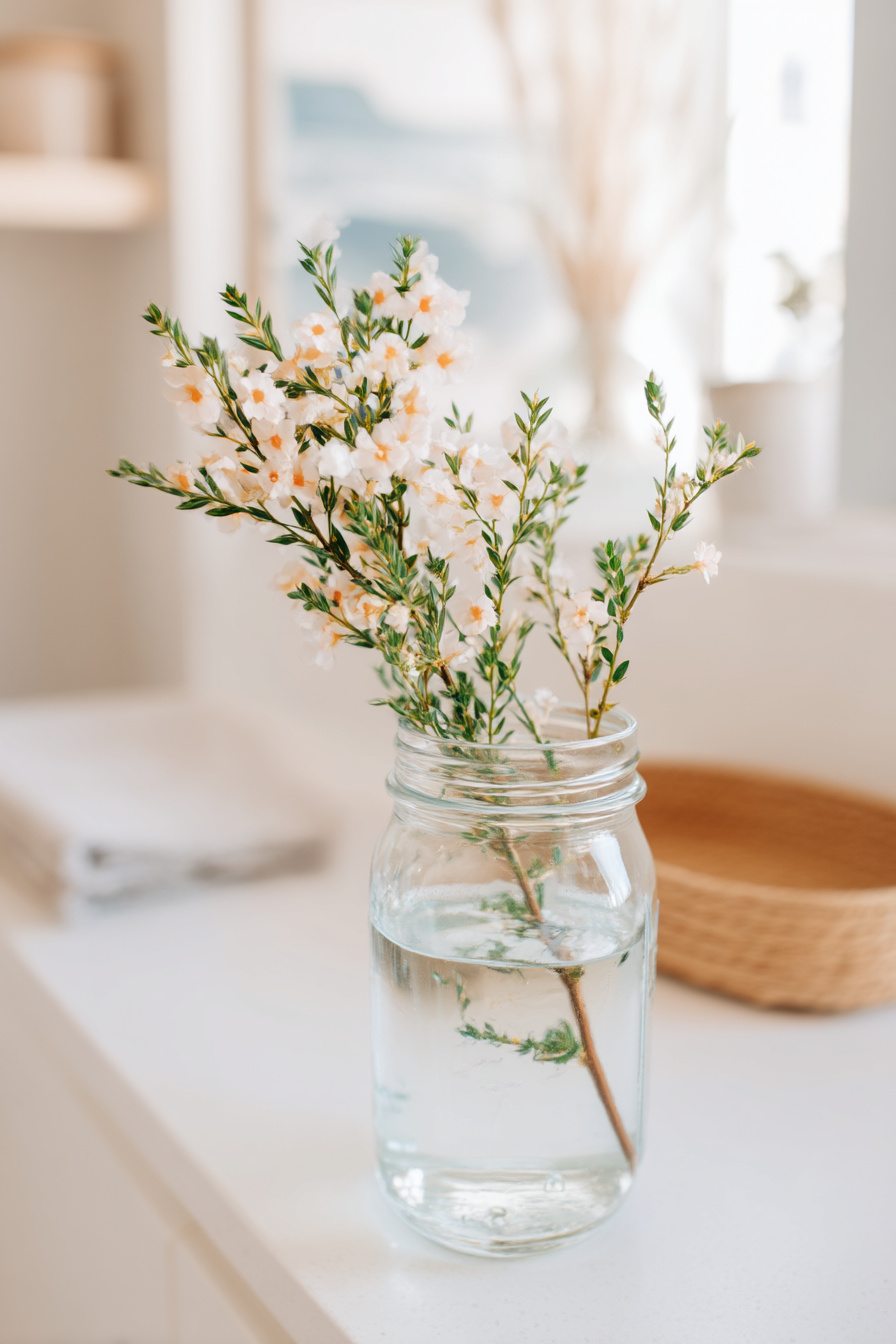 Einmachglas mit Wasser und Einzelblüte als sommerliche Tischdeko