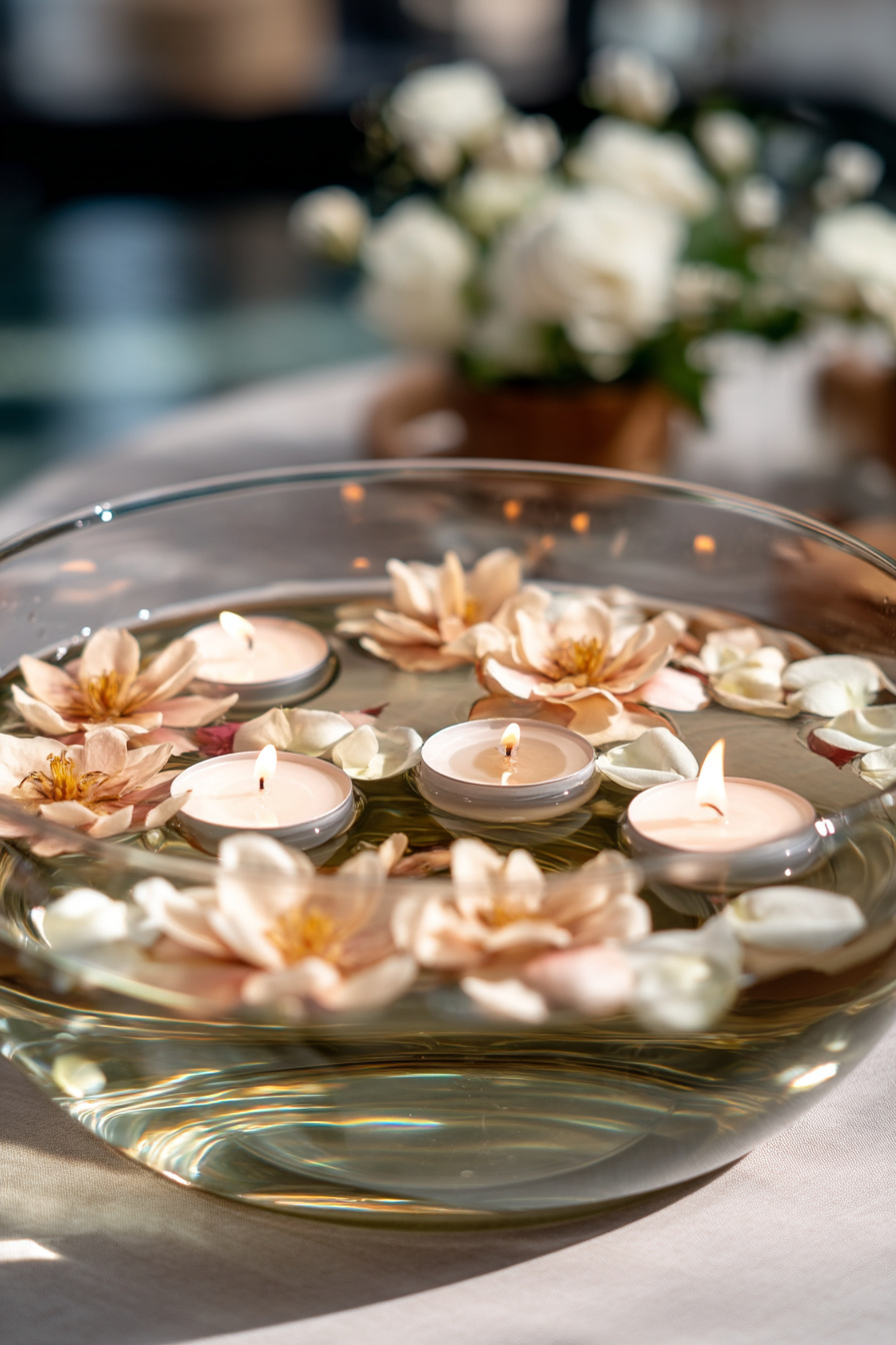 Glasschale mit Blüten und Schwimmkerzen als Tischdeko