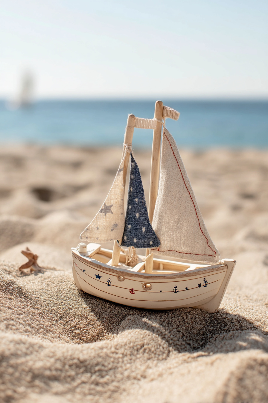 Handgefertigtes Holzboot als sommerliche Dekoration