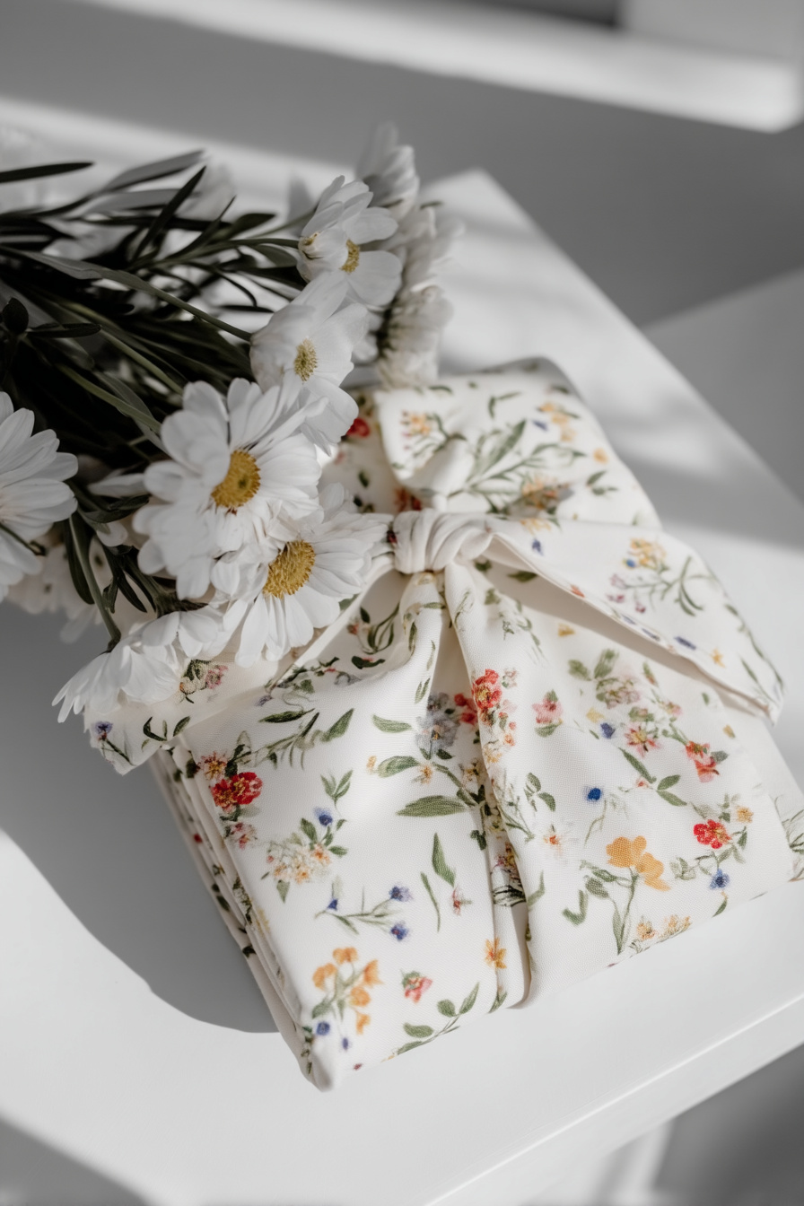 Sommerliche Tischdeko mit Blumenservietten und echten Blüten