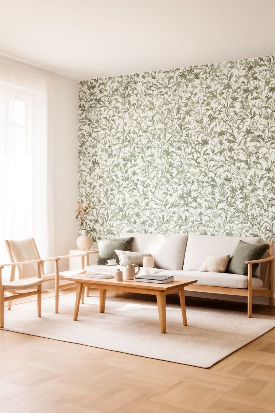 Wohnzimmer im skandinavischen Landhausstil mit botanischer Tapete