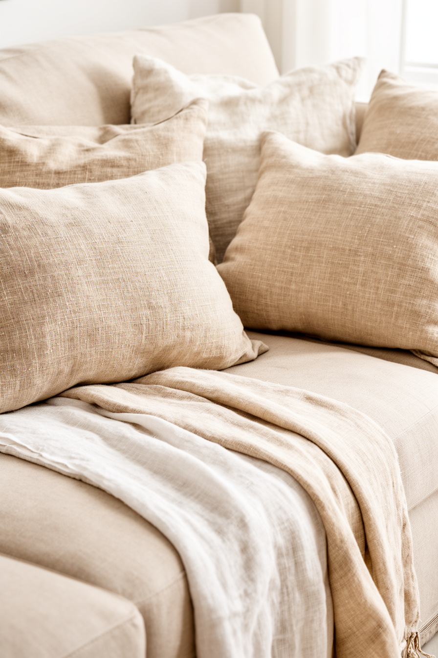 Beige Sofalandschaft mit Naturtextilien im Skandi Landhaus Stil