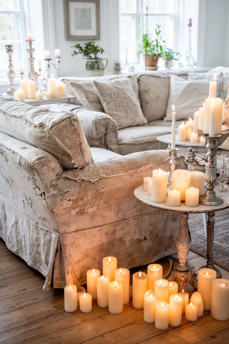 Shabby Chic Sofa mit vielen Kerzen im Vintage Wohnzimmer