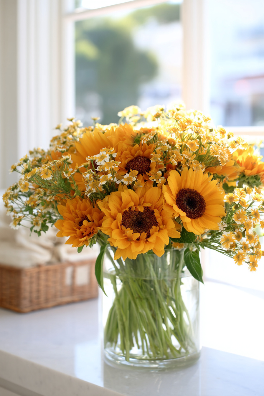 Gelbe Wildblumen und Sonnenblumen in Glasvase