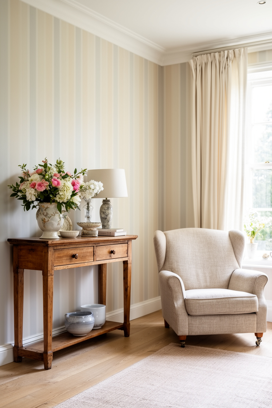 Englisches Landhaus Wohnzimmer mit Streifentapete und Blumen