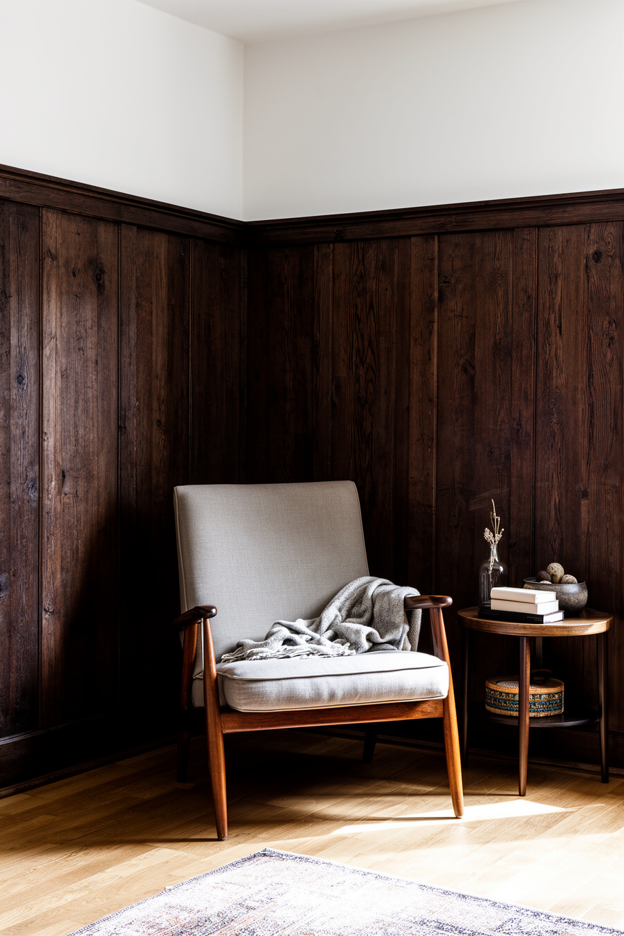 Wohnzimmer im Vintage Landhausstil mit dunkler Holzverkleidung