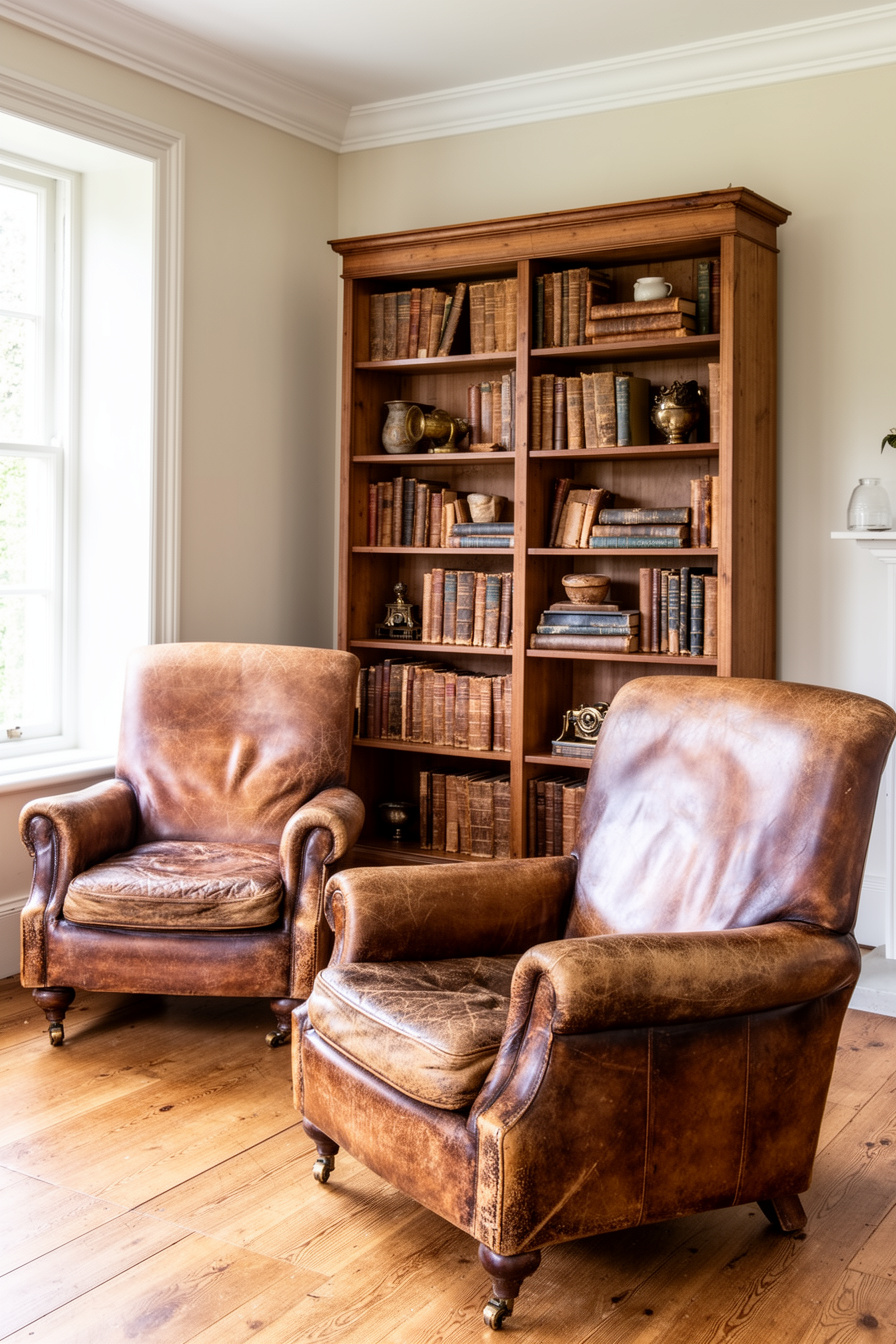 Ledersessel und Bücherwand im Landhausstil Wohnzimmer
