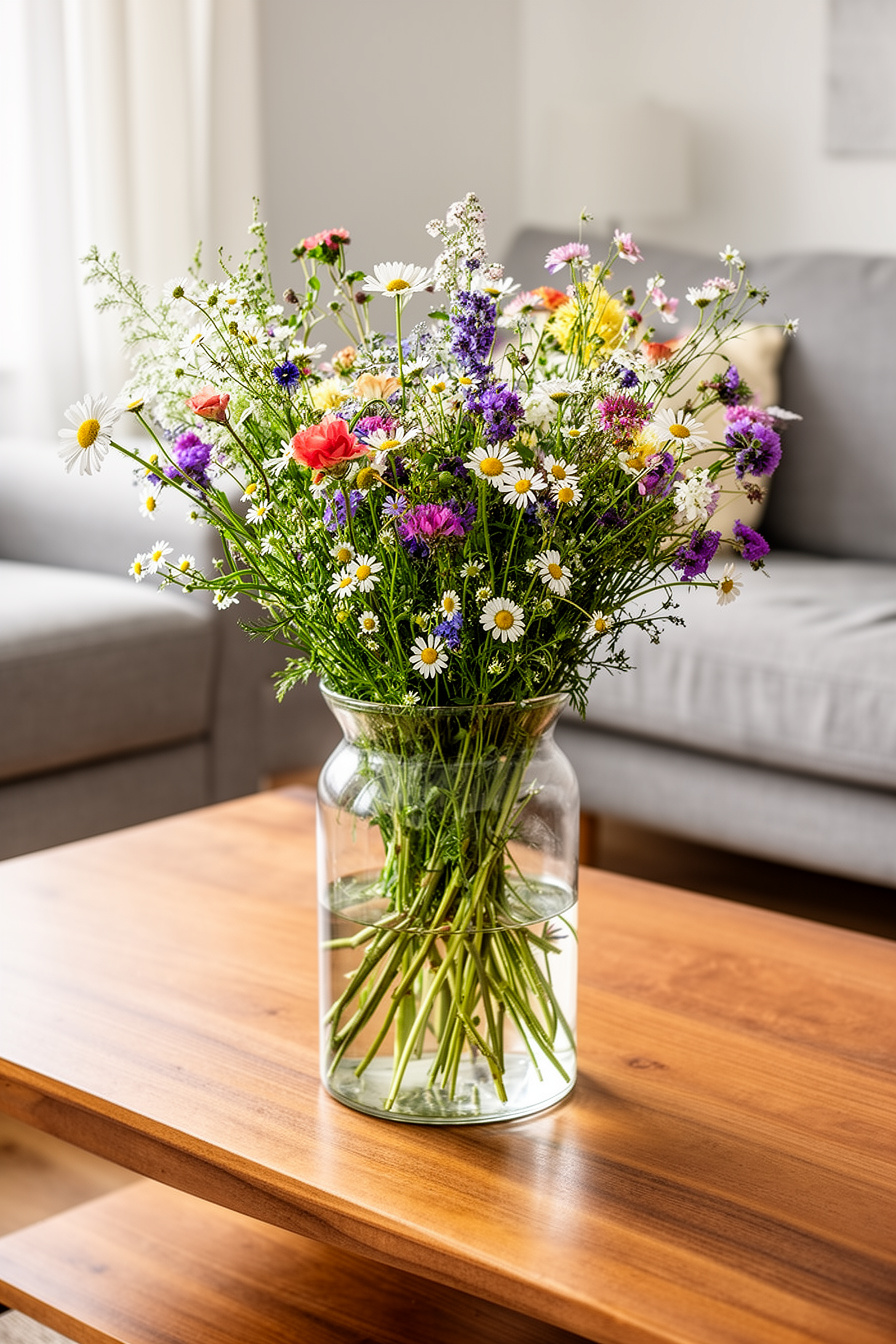 Vase mit frischen Wildblumen auf Couchtisch im Wohnzimmer