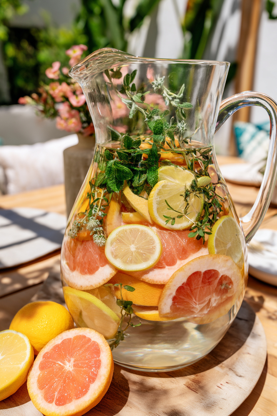 Wasserkrug mit Früchten und Kräutern als Tischdeko