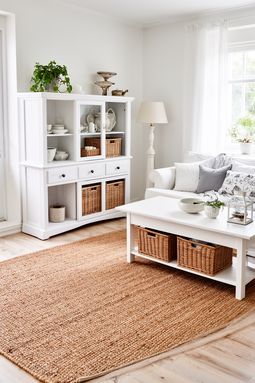 Wohnzimmer mit weißen Möbeln, Körben und Naturteppich