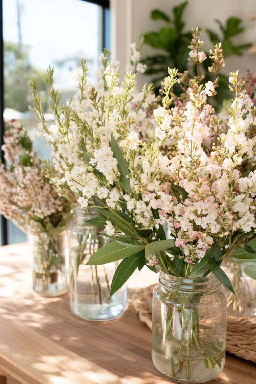 Sommerliche Wildblumen in Glasvasen auf Hochzeitstisch