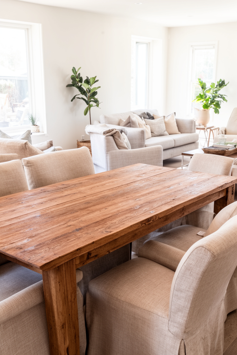Wohnzimmer in Naturtönen mit Massivholztisch und neutralen Möbeln