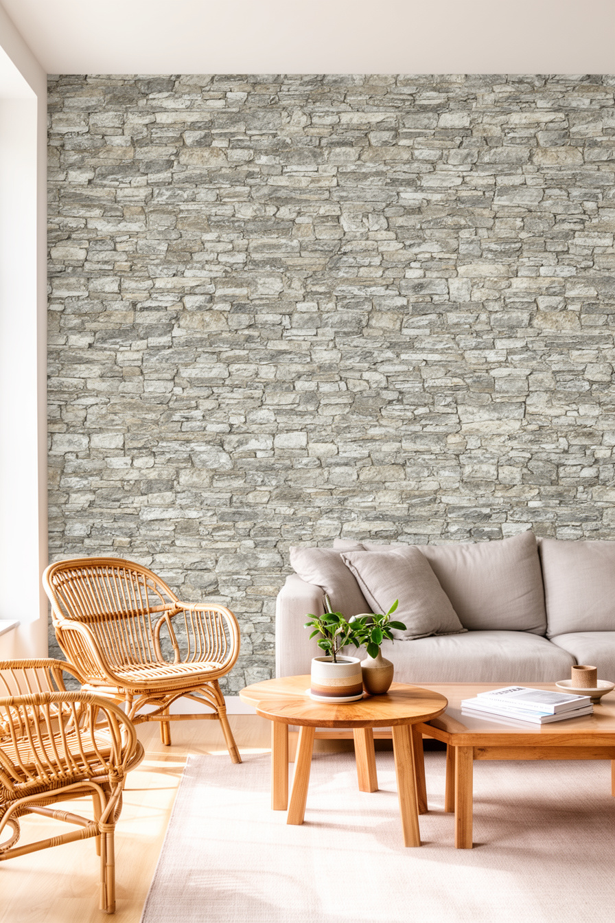 Wohnzimmer mit Steinoptik-Tapete und Landhausmöbeln