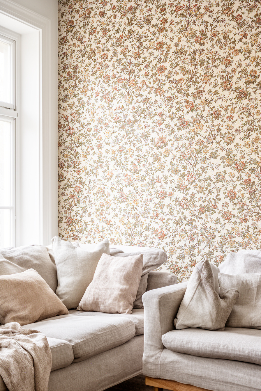 Wohnzimmer mit textiler Vintage-Tapete und Kuschelsofa