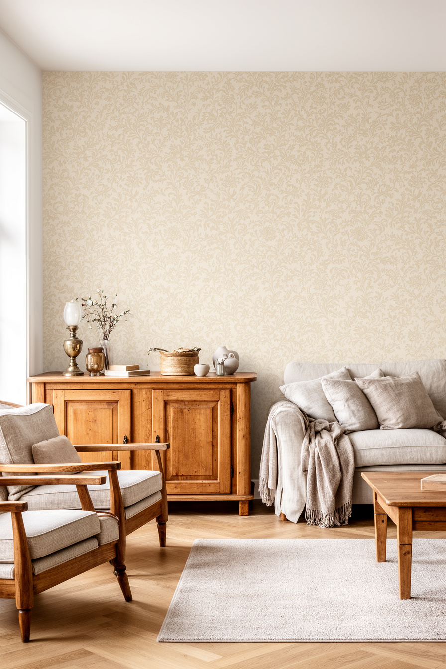 Wohnzimmer mit beigefarbener Landhaus-Tapete und Holzmöbeln
