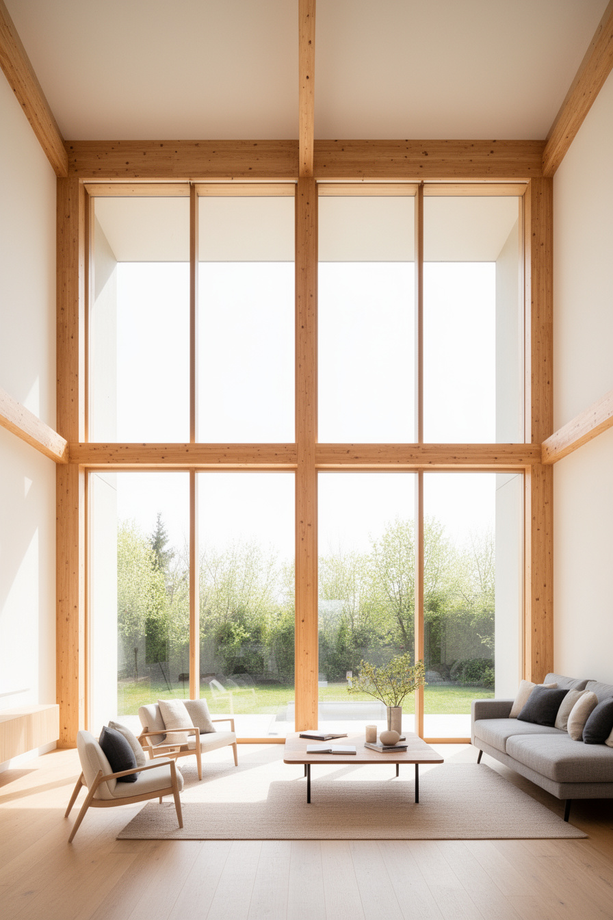Wohnzimmer mit bodentiefen Fenstern und Holzbalken